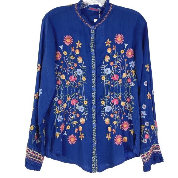 NWT JOHNNY WAS Top Blouse XS Blue Floral Embroidery Button-Up Long-Sleeve”Loland - Picture 2 of 11